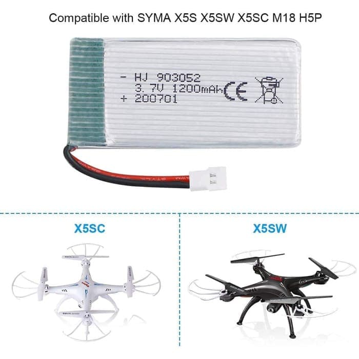 2 Pezzi Batteria Lipo Ricaricabile (3.7v, 1200mAh Lipo) per Rc Droni Quadricotteri Syma X5SC X5SW.