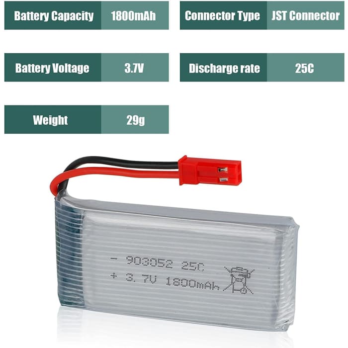 2 Pezzi Batteria li-po da 3.7V 1800mAh 25C con spina JST per quadricottero JJRC H11D H11C HQ898B elicottero RC.