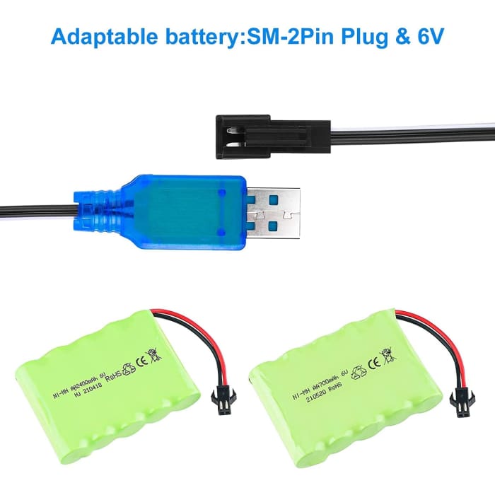 2 Pezzi Cavo Caricatore USB SM-2P 250mAh Output RC Auto per batterie 6V Ni-Mh Colore Azzurro.