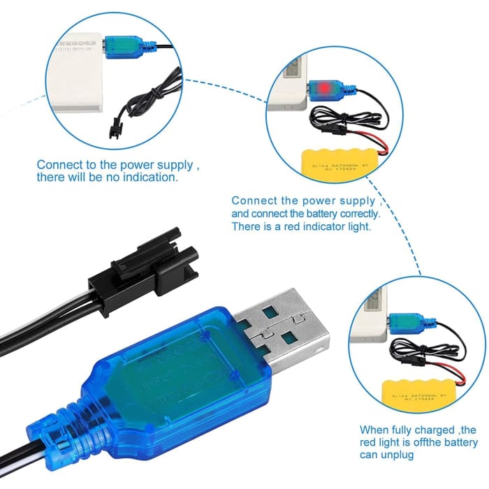 2 Pezzi Cavo Caricatore USB SM-2P 250mAh Output RC Auto per batterie 6V Ni-Mh Colore Azzurro.