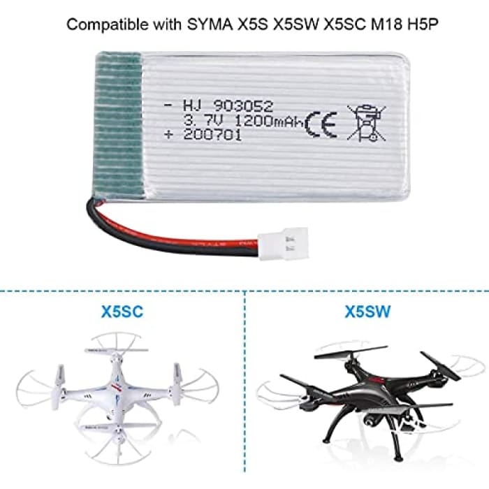 3 Pezzi Batteria Lipo Ricaricabile (3.7v, 1200mAh Lipo) per Rc Droni Quadricotteri Syma X5SC X5SW.