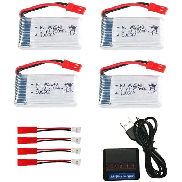 4 Pezzo Batteria Lipo Ricaricabile (3.7 V 750mAh) per Rc Droni Quadricotteri MJX X300C X400 X800 + Caricatore.