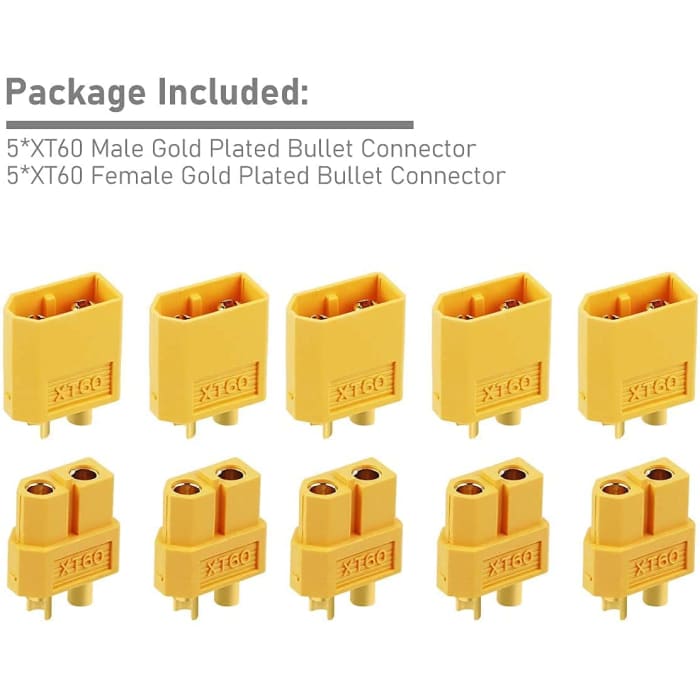 XT60 di Alta qualità, Maschio-Femmina, Connettori per Batterie da Modellismo Rc Lipo, 5 Paia, Colore Giallo.
