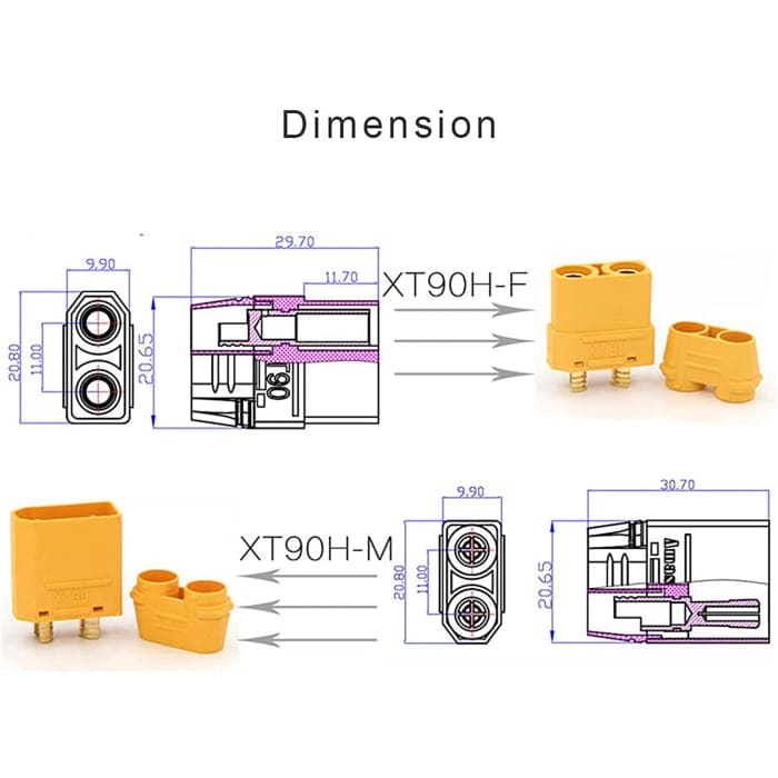 5 Paia XT90H di Alta qualità, Maschio-Femmina con Passafilo, Connettori per Batterie da Modellismo RC Lipo.