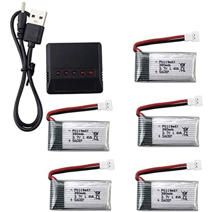 5 in 1 Caricatore Adattatore + 5 x batterie al Litio 3.7V 380mAh 25C per Tera Mini quadriccottero Hubsan X4 H107C H107D.