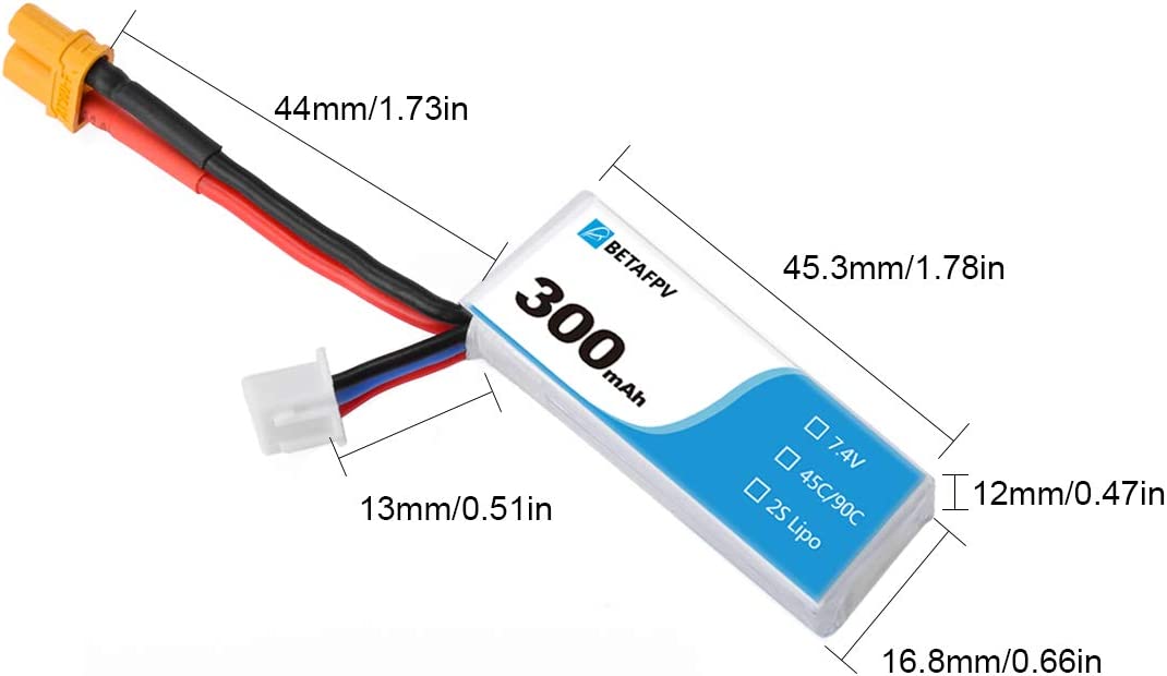 Lipo Batteria 7.4V 300mAh 45C 2S HV Batteria XT30 18AWG Filo di silicone per 2S Whoop.
