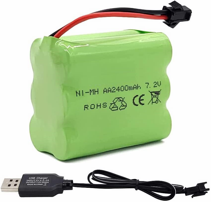 Batteria RC NiMH 7.2V 2400mAh batteria AA ricaricabile con cavo di ricarica USB e connettore SM 2P, per auto RC serbatoio RC barche RC.