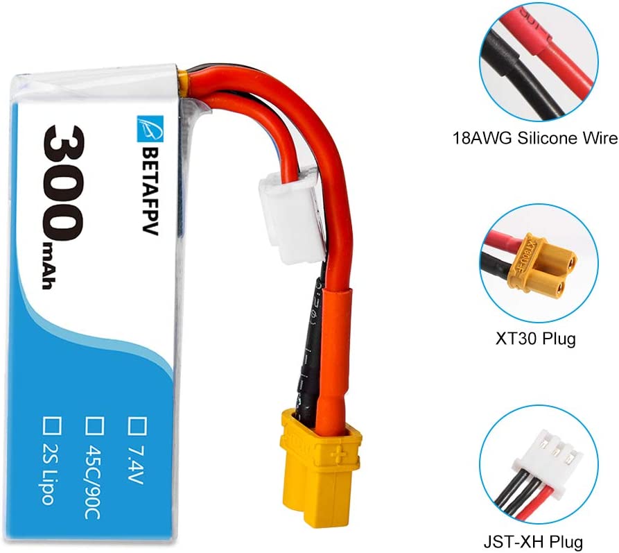 Lipo Batteria 7.4V 300mAh 45C 2S HV Batteria XT30 18AWG Filo di silicone per 2S Whoop.