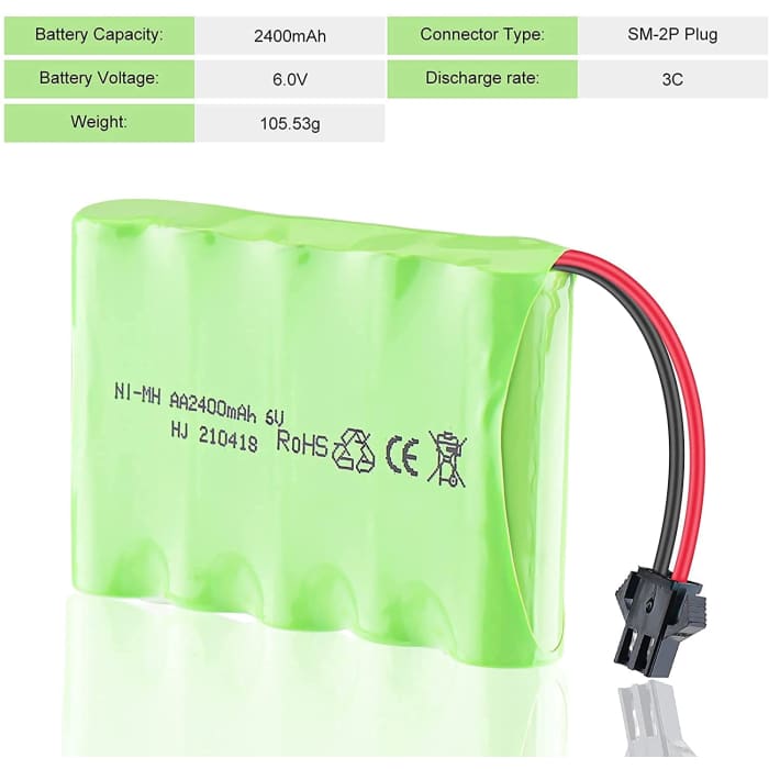 Batteria Ricaricabile 6V Ni-Mh 2400 mAh per Controllo Remoto Auto + Cavo Carica USB.