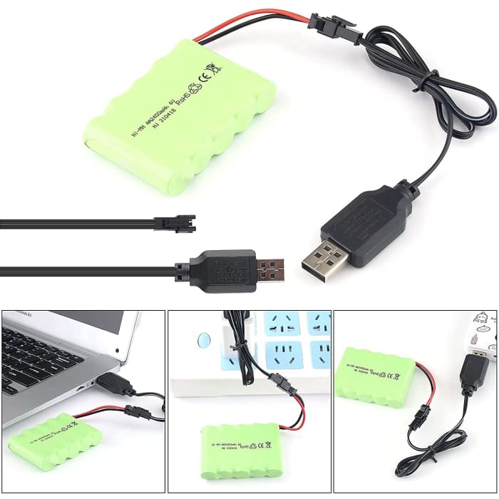 Batteria Ricaricabile 6V Ni-Mh 2400 mAh per Controllo Remoto Auto + Cavo Carica USB.