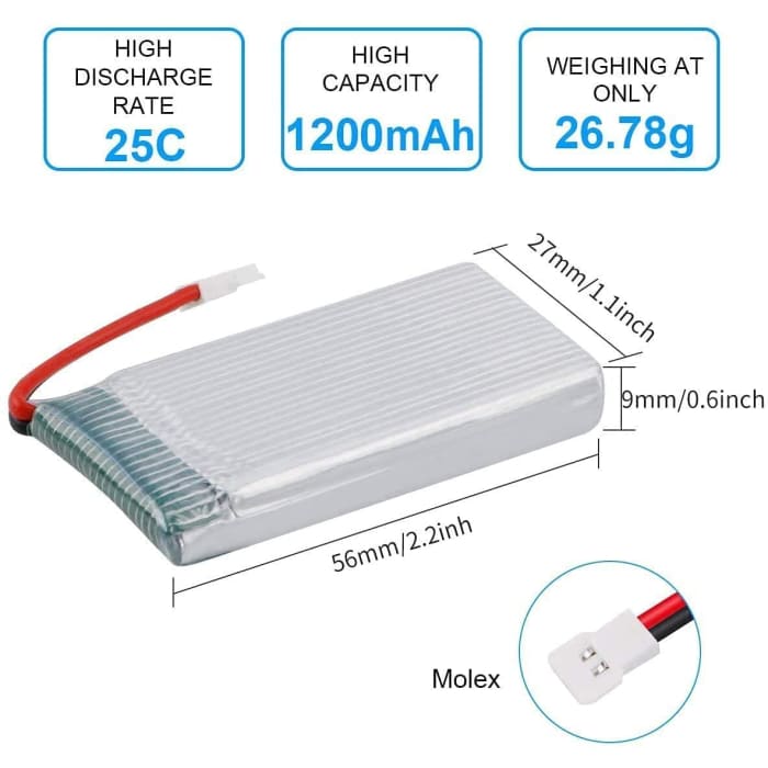 Batteria Lipo Ricaricabile (3.7v, 1200mAh Lipo) per Rc Droni Quadricotteri Syma X5SC X5SW.