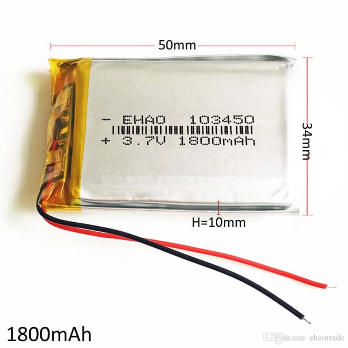 Batteria Lipo Ricaricabile 103450 (3.7v, 1800mAh Lipo) per Cuffie Bluetooth, smart watch, POS,.