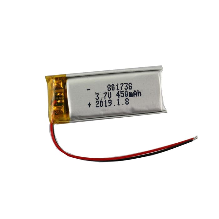 Batteria Lipo Ricaricabile 801738 (3.7v, 450mAh Lipo) per telefono portatile video mp3 mp4 luce LED.