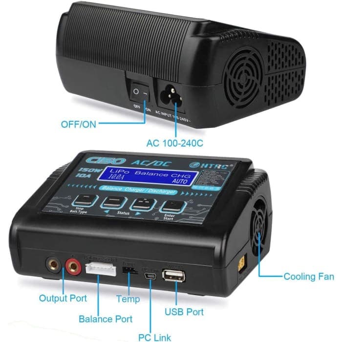 HTRC Caricabatteria LiPo RC Scaricatore bilanciamento 150W 10A 1-6S AC/DC C150 per NiCd Li-Ion Life NiMH LiHV PB Smart Battery (Nero).