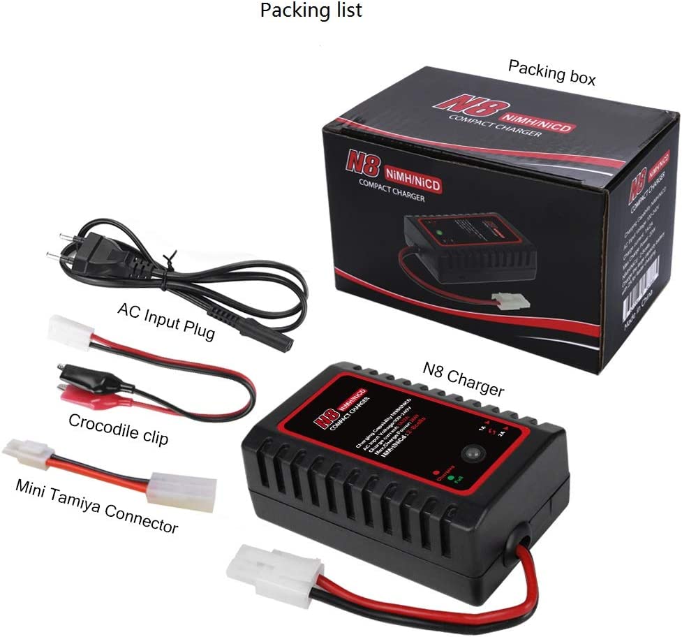 HTRC Caricabatterie Nimh per pacchi Batteria 2-8s Nimh NiCD (2.4V-9.6V) con connettore Standard / Mini Tamiya per Airsoft RC Car Boat Drone.