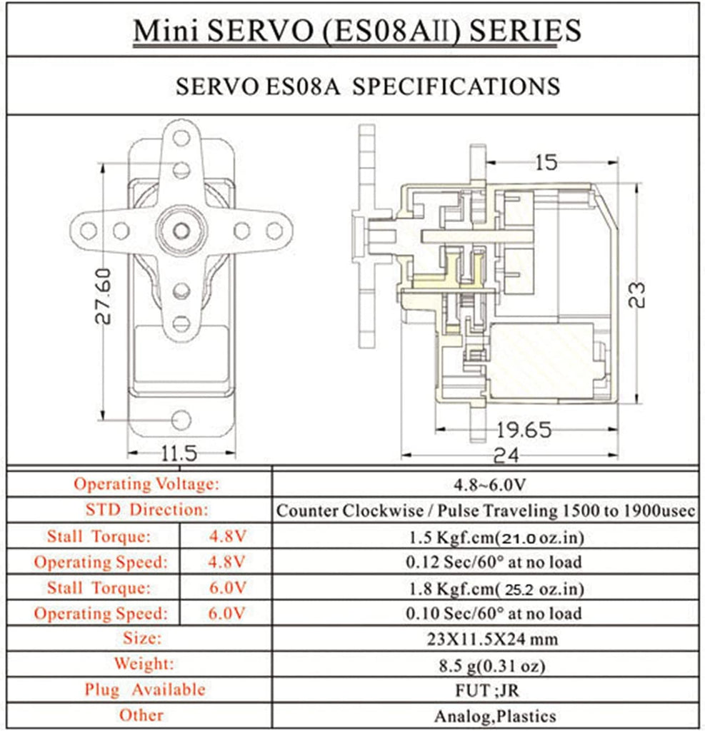 Servo analogico con ingranaggi in plastica EMax ES08A II 8.6g con kit staffa braccio 15T per pezzi di ricambio per modelli di auto Axial SCX24 RC.