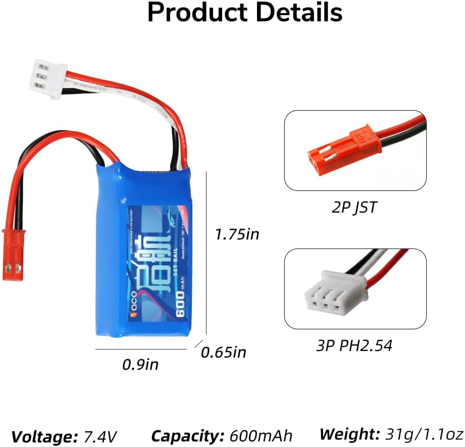 2 Li-ion 7.4V 600mAh 2S Batteries with SM-3P Connector + USB Cable - Compatible with RC Car DE82, TK3086B, TK-3082B, G20601, Stunt Flip Car