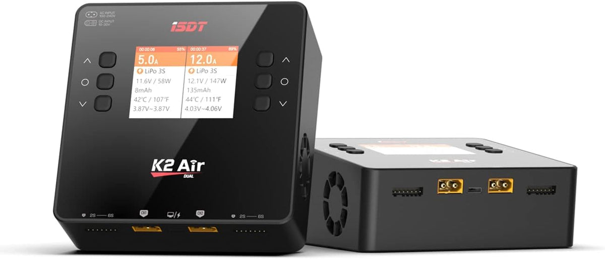 ISDT K2 Air Caricabatterie Smart Bluetooth AC/DC Dual Channel | 200W AC, 500W x 2 DC, 20A x 2 Bilanciatore per LiPo LiHV LiFe Li-Ion 1-6S, NiMH NiCd 1-16S