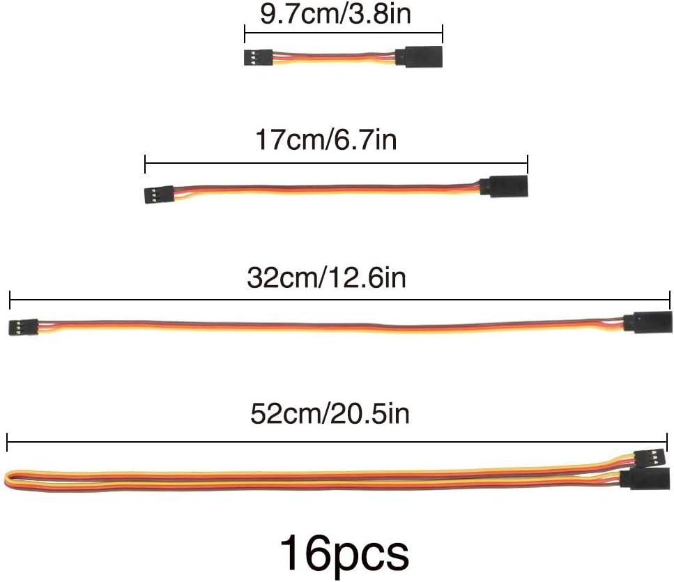 16 Cavi Prolunga Servo JR 3 Pin 22AWG 75-500mm RC Drone Elicotteri Auto Aeromodelli