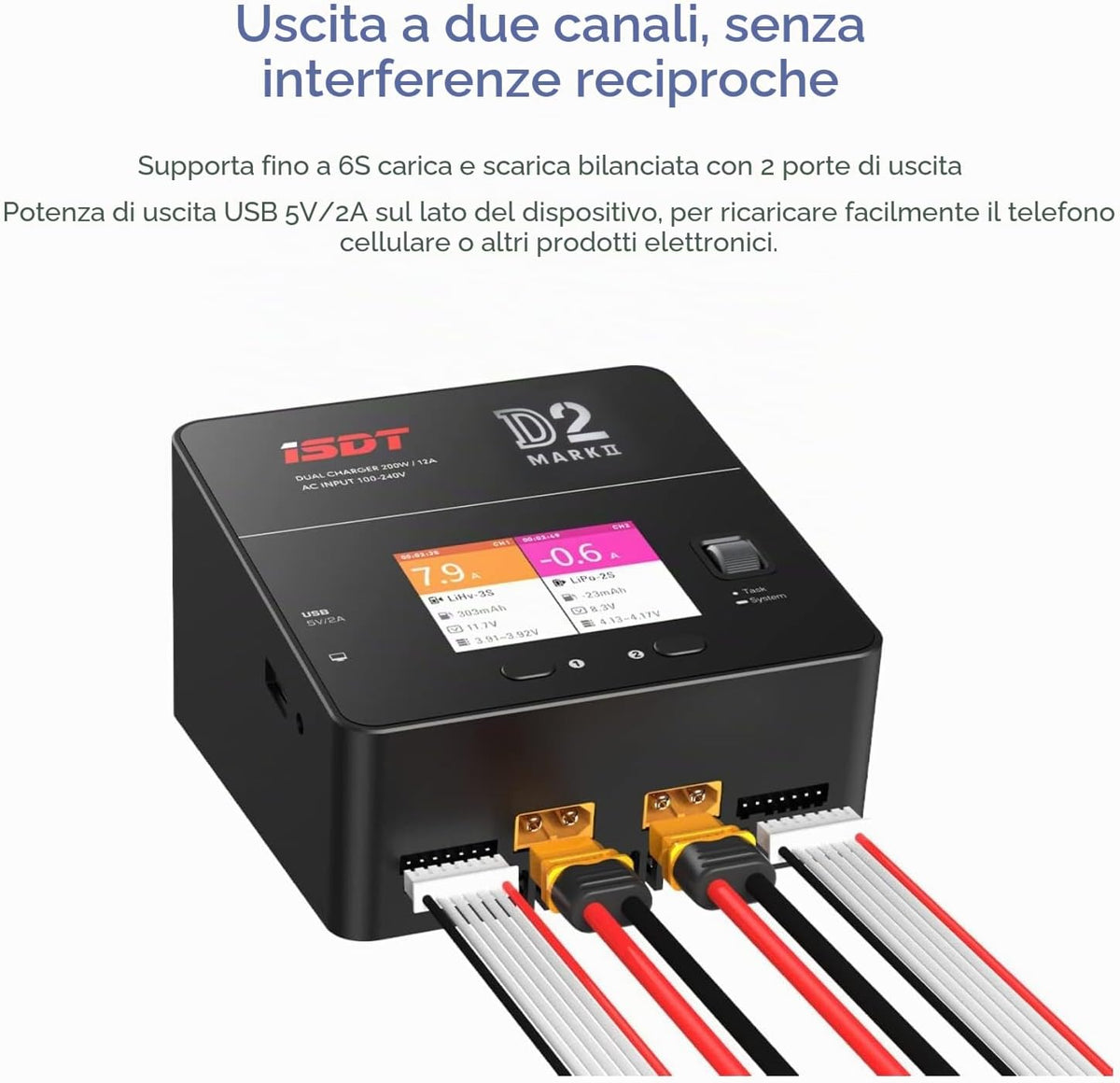 ISDT D2 Mark 2 Caricabatterie Intelligente Dual Channel AC per LiPo LiHV LiFe Li-Ion 1-6S, NiMH NiCd 1-16S, Pb 1-12S