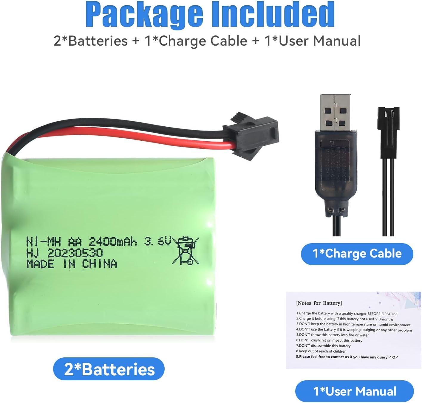 YUNIQUE Batteria Ricaricabile Ni-MH 6V AA 2400mAh Con Connettore SM 2P E Cavo USB - Verde, Per Barche E Bus RC, Modellismo