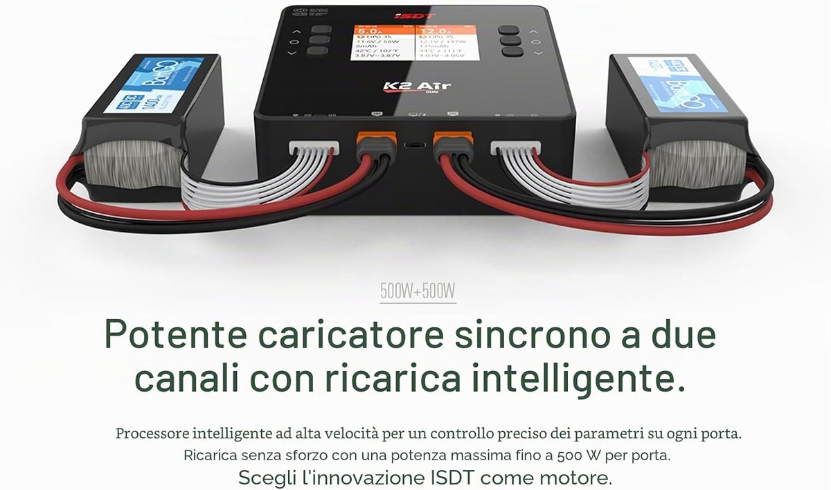 ISDT K2 Air Caricabatterie Smart Bluetooth AC/DC Dual Channel | 200W AC, 500W x 2 DC, 20A x 2 Bilanciatore per LiPo LiHV LiFe Li-Ion 1-6S, NiMH NiCd 1-16S