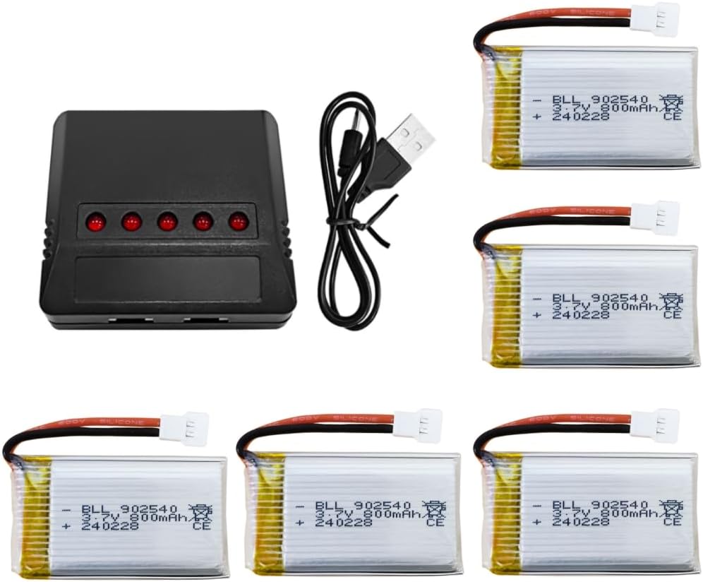5 Batterie LiPo 3.7V 800mAh con Caricatore USB 5 in 1 | Compatibili con MJX X708W X709, UDI U45 U45W U42 U42W, Syma X5C X5SC X5SW, H5C, E32HW e Droni RC
