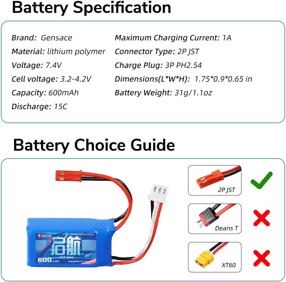 2 Li-ion 7.4V 600mAh 2S Batteries with SM-3P Connector + USB Cable - Compatible with RC Car DE82, TK3086B, TK-3082B, G20601, Stunt Flip Car