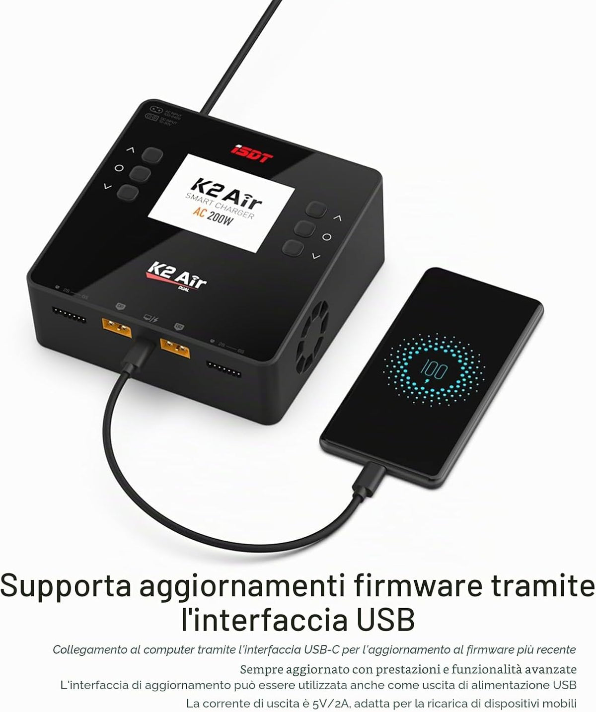 ISDT K2 Air Caricabatterie Smart Bluetooth AC/DC Dual Channel | 200W AC, 500W x 2 DC, 20A x 2 Bilanciatore per LiPo LiHV LiFe Li-Ion 1-6S, NiMH NiCd 1-16S