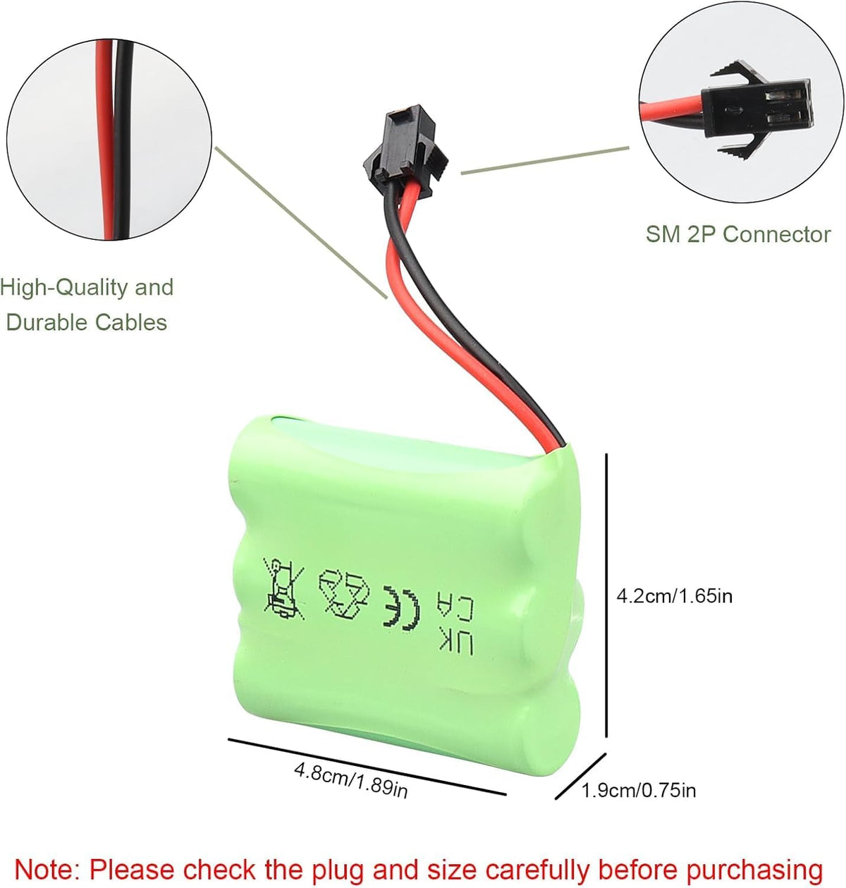 2 Batterie NiMH 3.6V 2400mAh AA con Connettore SM-2P – Batterie Ricaricabili per Auto RC, Camion, Veicoli da Cantiere, Giocattoli, Luci e Dispositivi Elettrici