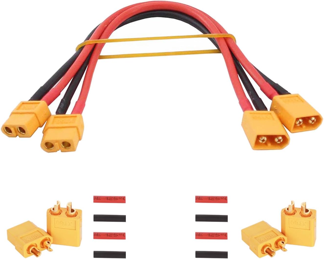 2 Pieces XT60 Parallel Male to 2 Female and Female to 2 Male 14AWG Cable | RC Lipo Battery Adapters | Drones, Cars, Airplanes, Model Builders