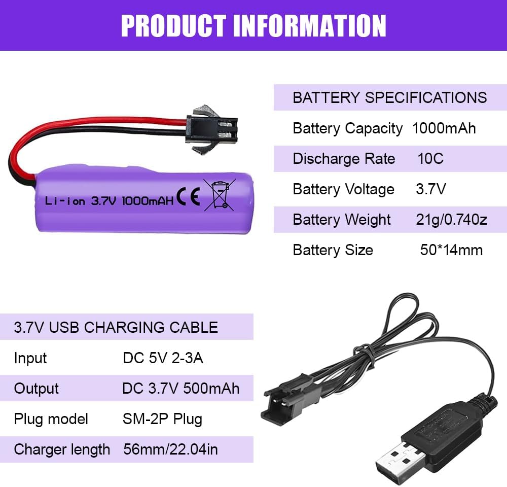 1 Pièce 7.4V 1000mAh SM-4P Batterie rechargeable avec câble de chargement USB pour DE36W DE65 NO.1809 RC Toy Vehicles