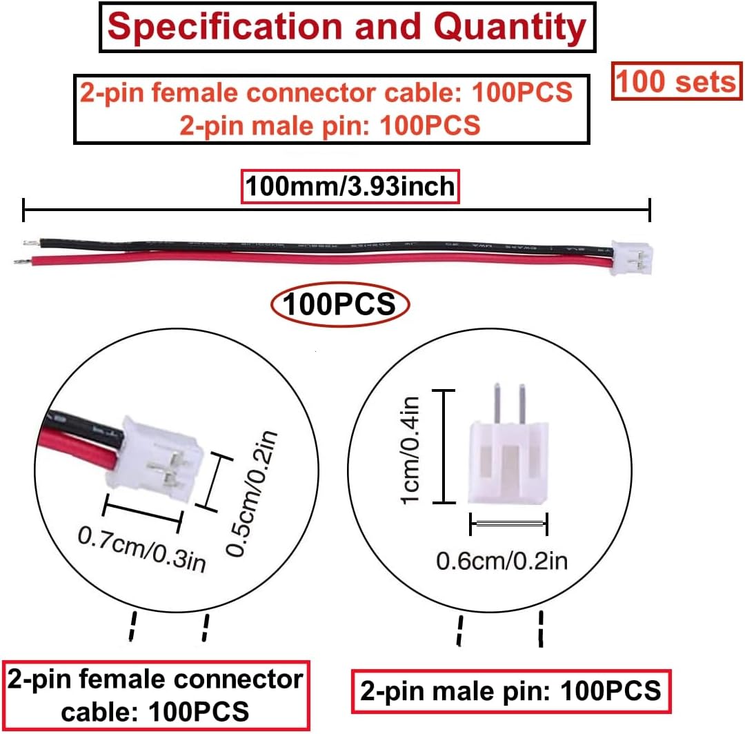 100 Paia Connettori JST PH 2.0 2 Pin 10cm 24AWG Maschio Femmina Drone LED RC DIY