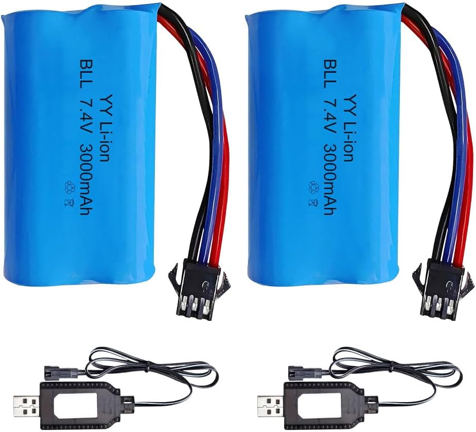 2 Batterie Li-Ion 7.4V 3000mAh SM-3P con 2 Cavi USB per RC Auto e Modellismo
