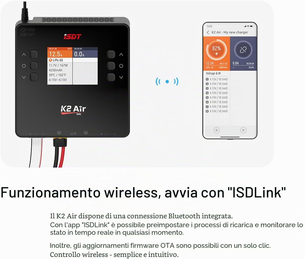 ISDT K2 Air Caricabatterie Smart Bluetooth AC/DC Dual Channel | 200W AC, 500W x 2 DC, 20A x 2 Bilanciatore per LiPo LiHV LiFe Li-Ion 1-6S, NiMH NiCd 1-16S