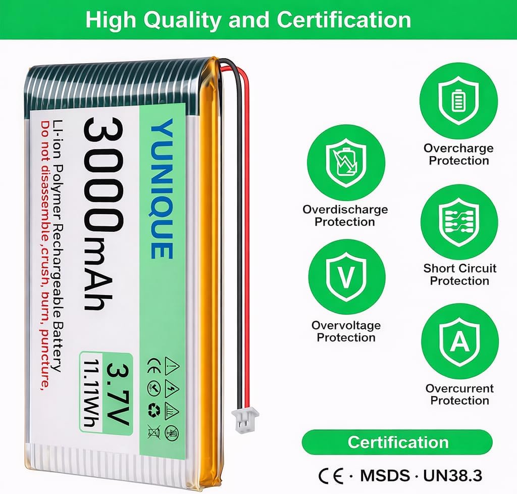 2 Batterie LiPo 3.7V 3000mAh 1S 103665 Micro JST 1.25 per Arduino