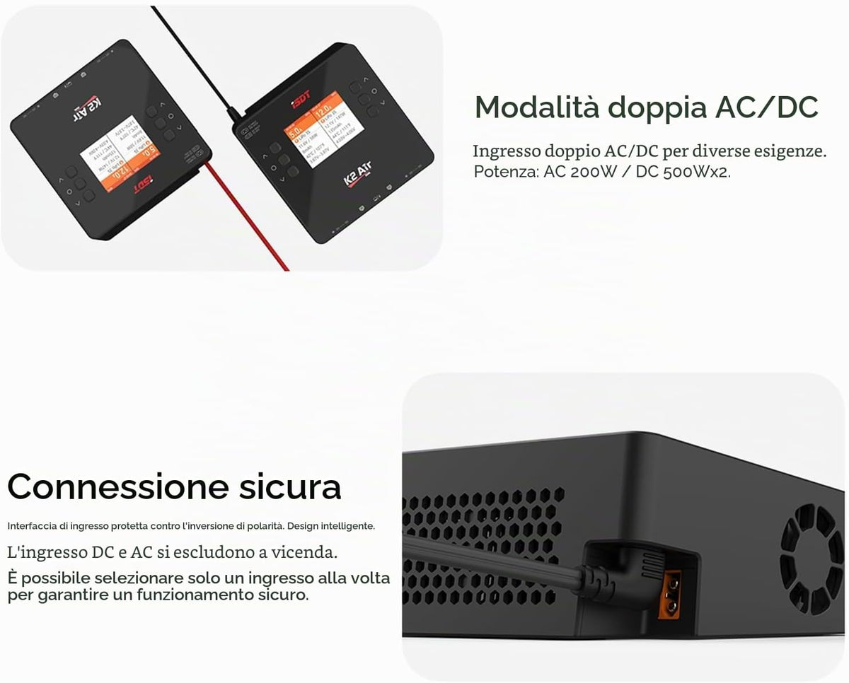 ISDT K2 Air Caricabatterie Smart Bluetooth AC/DC Dual Channel | 200W AC, 500W x 2 DC, 20A x 2 Bilanciatore per LiPo LiHV LiFe Li-Ion 1-6S, NiMH NiCd 1-16S