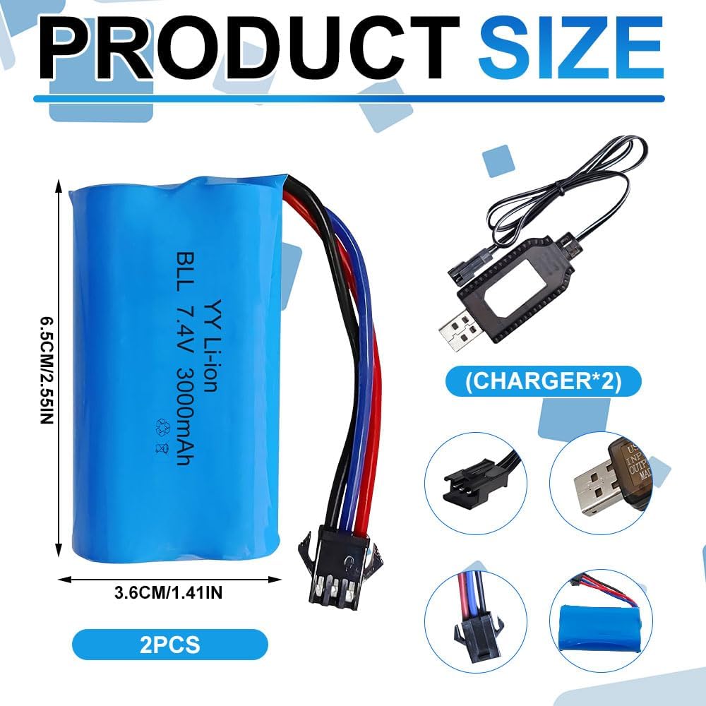 2 Batterie Li-Ion 7.4V 3000mAh SM-3P con 2 Cavi USB per RC Auto e Modellismo