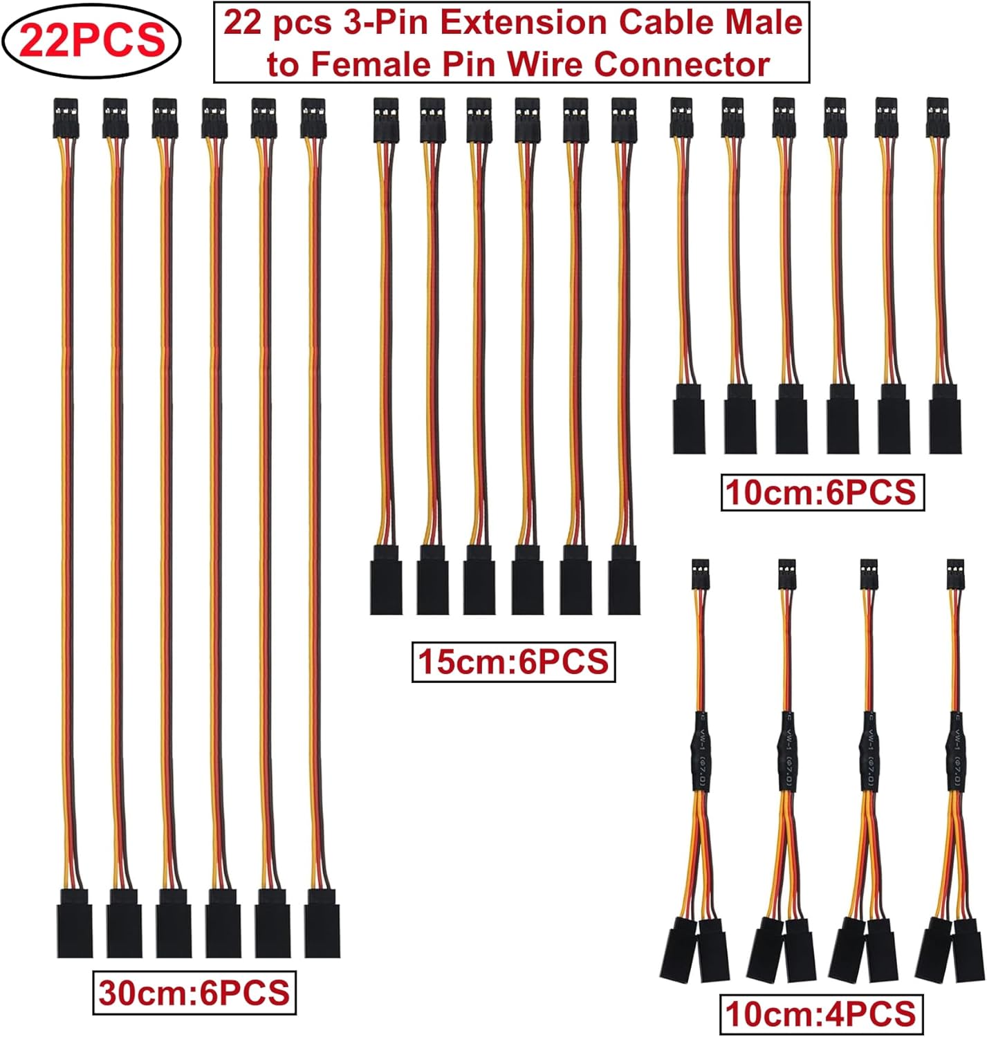 22 Cavi Prolunga Servo JR 3 Pin 22AWG + Y Splitter 1 a 2 RC Drone Auto Elicotteri Aeromodelli