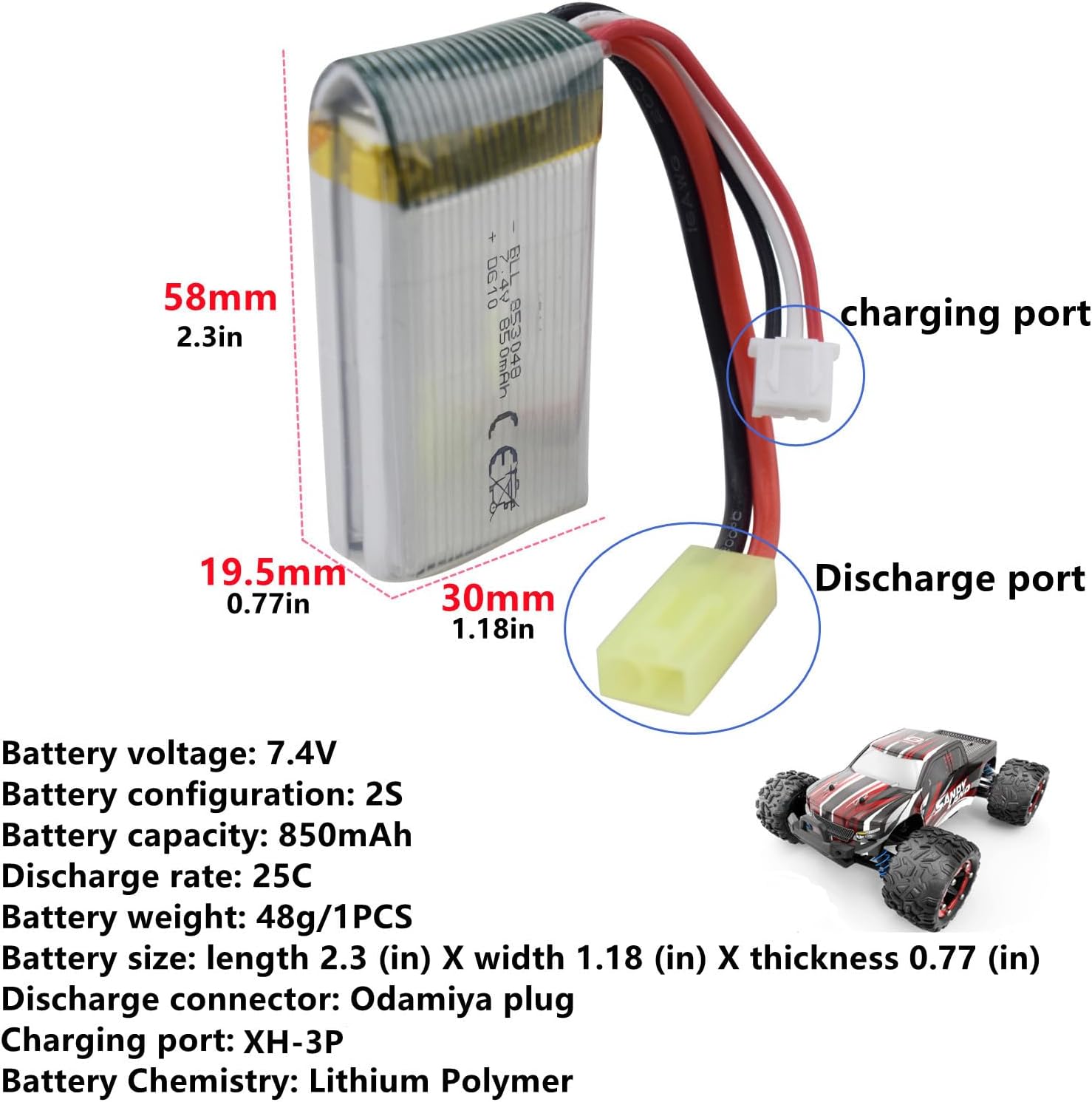 3-Cell 11.1V 850mAh 80C Lipo Battery with XT30 Connector, Silicone Cable and Soft Shell - Dimensions 59X30X23 mm, Weight 77g - High Power for RC Models