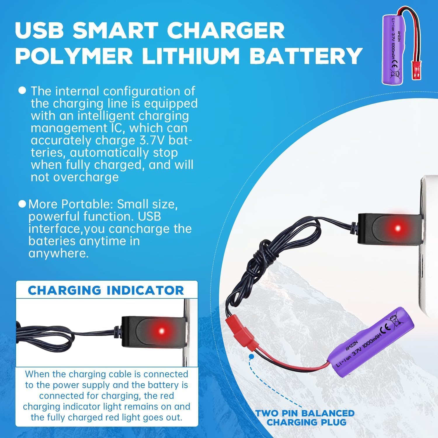 1 kus 7,4 V 1000 mAh SM-4P nabíjateľná batéria s USB nabíjacím káblom pre RC vozidlá DE36W DE65 NO.1809