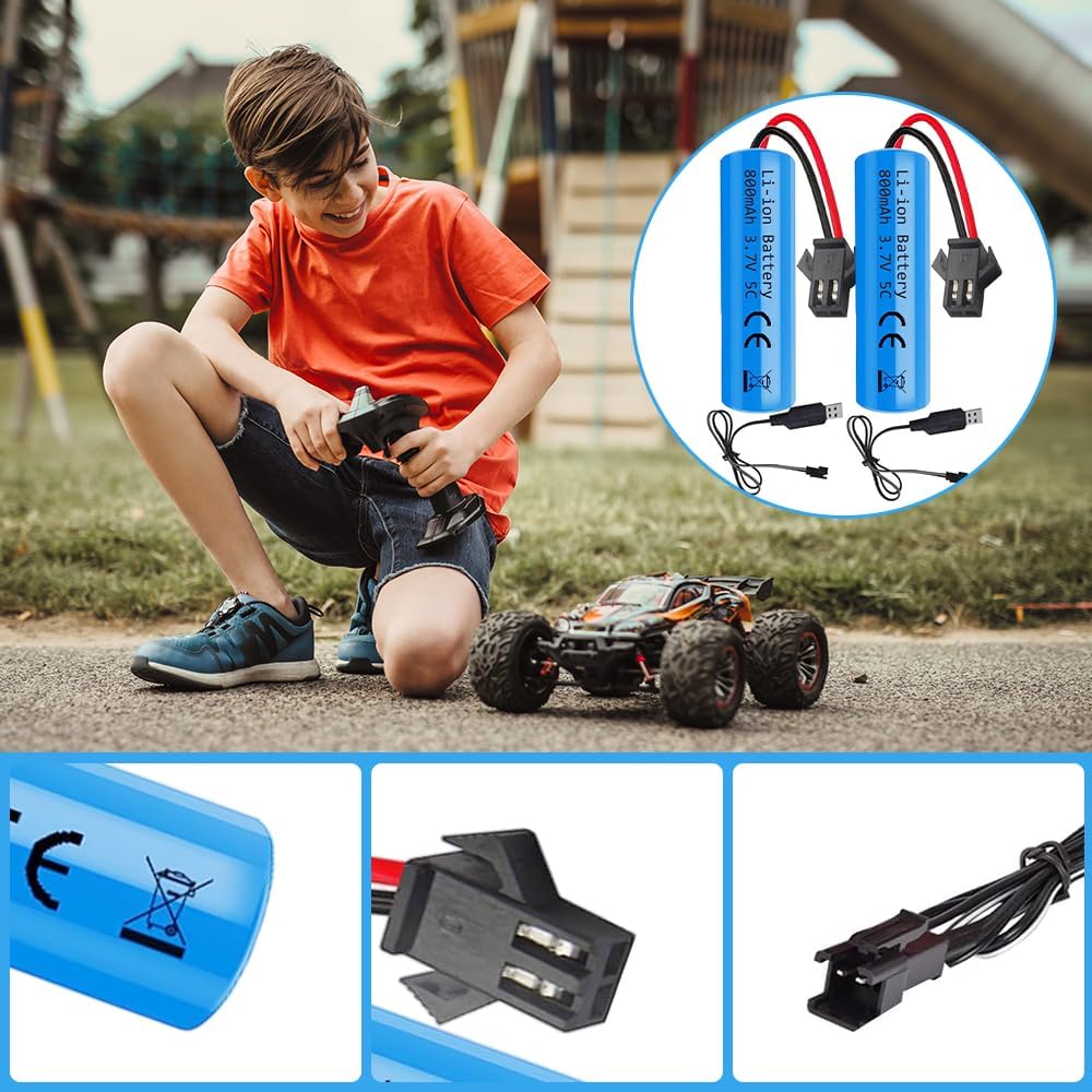 6 stk. 3,7V 800mAh LiPo-batterier med SM-2P-stik og USB-oplader til C2 D828-modeller | Høj autonomi | Sikker forbindelse | Genopladelig og bæredygtig, blå
