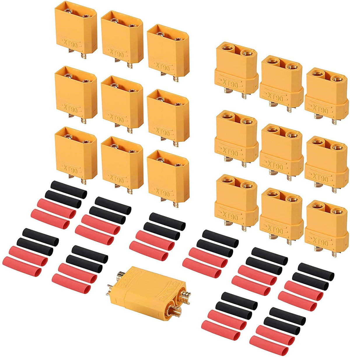 10 Paia Connettori XT90 Maschio-Femmina | Alta Qualità per RC Lipo Batterie, Droni, Aeroplani | Inclusi 40 Termoretraibili, Giallo Rosso Nero, Plastica