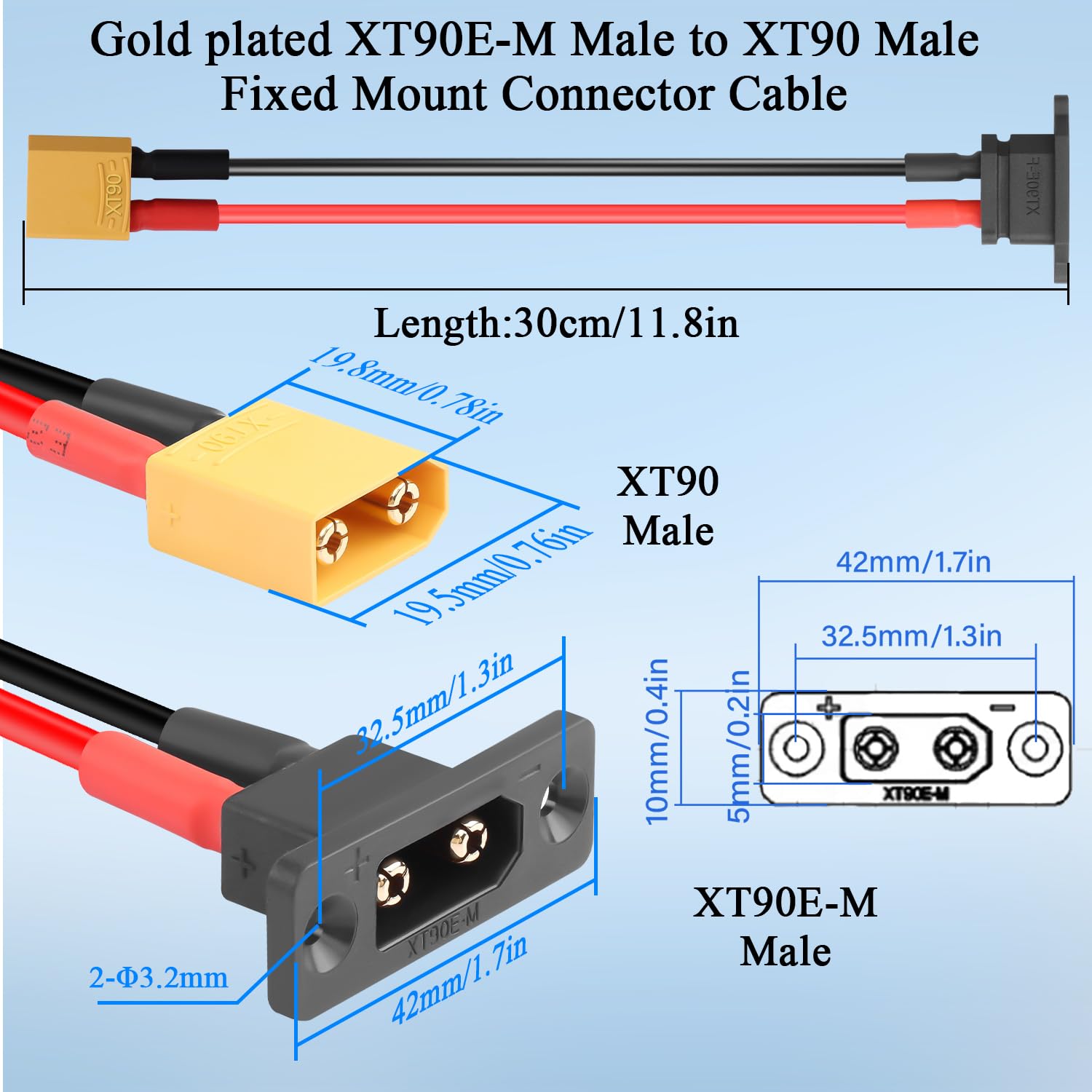 Cavo XT90E-M a XT90 Maschio 30cm 10AWG Bulkhead per Batterie LiPo RC