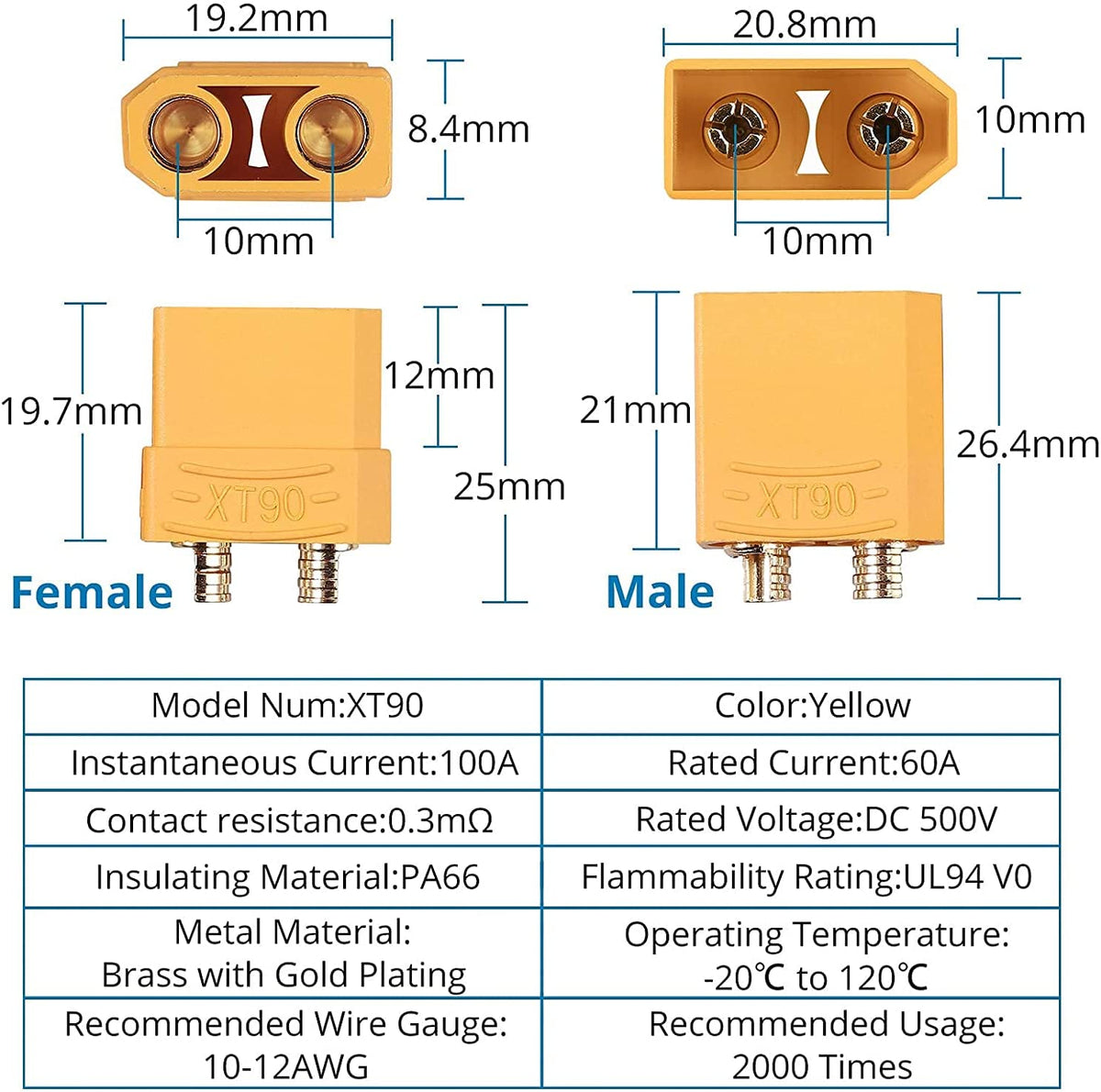 10 Paia Connettori XT90 Maschio-Femmina | Alta Qualità per RC Lipo Batterie, Droni, Aeroplani | Inclusi 40 Termoretraibili, Giallo Rosso Nero, Plastica