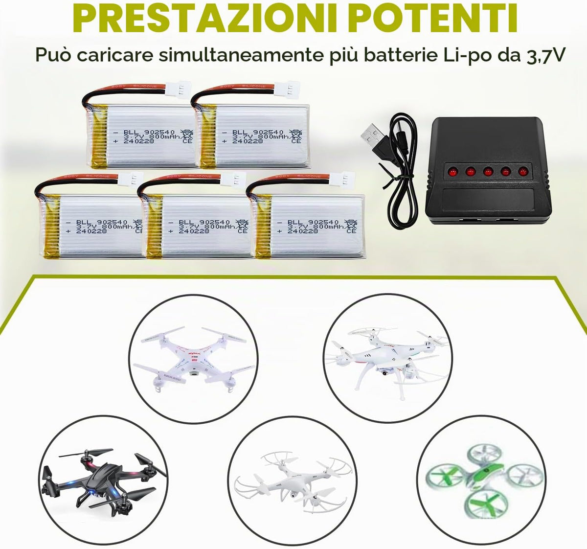 5 Batterie LiPo 3.7V 800mAh con Caricatore USB 5 in 1 | Compatibili con MJX X708W X709, UDI U45 U45W U42 U42W, Syma X5C X5SC X5SW, H5C, E32HW e Droni RC