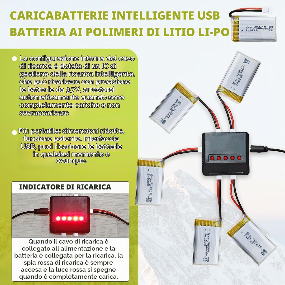 5 Batterie LiPo 3.7V 800mAh con Caricatore USB 5 in 1 | Compatibili con MJX X708W X709, UDI U45 U45W U42 U42W, Syma X5C X5SC X5SW, H5C, E32HW e Droni RC