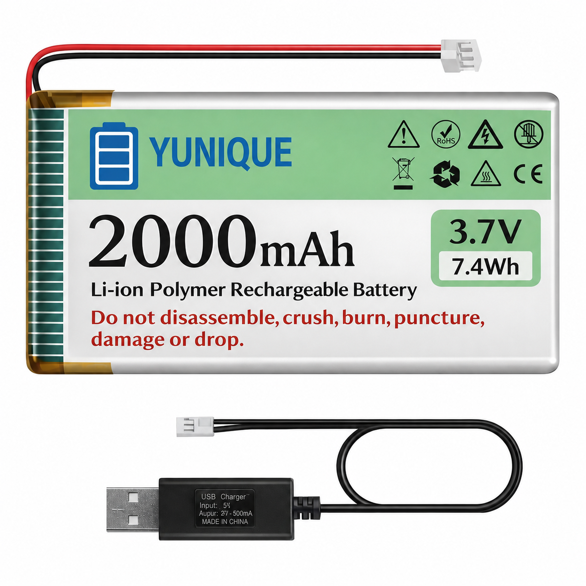 Batteria LiPo 3.7V 2000mAh 103450 con Micro JST 2.0 + Caricatore USB – Batteria 1S Ricaricabile per Arduino, ESP32, Drone, Moduli e Progetti Elettronici