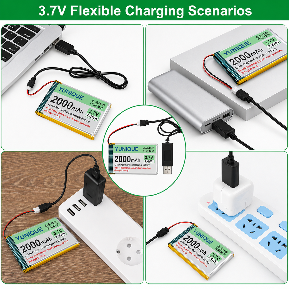 Batteria LiPo 3.7V 2000mAh 103450 con Micro JST 2.0 + Caricatore USB – Batteria 1S Ricaricabile per Arduino, ESP32, Drone, Moduli e Progetti Elettronici