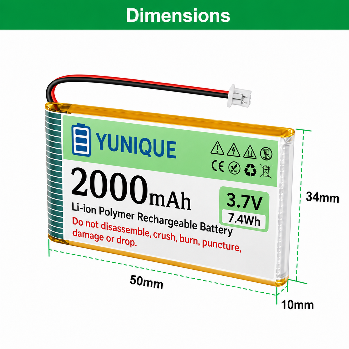 2 Batterie LiPo 3.7V 2000mAh 1S 103450 con Micro JST 2.0 – Batterie Ricaricabili con Protezione per Arduino, ESP32, NodeMCU e Schede di Sviluppo